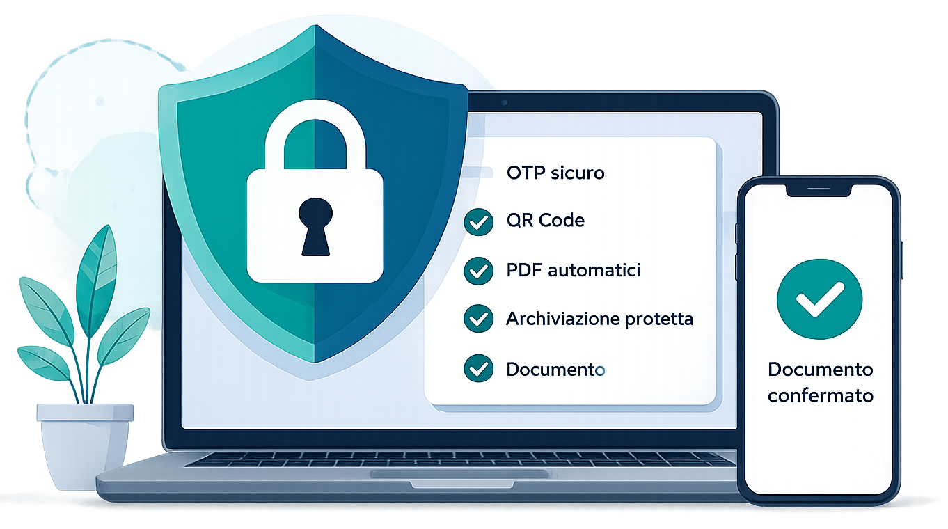 Piattaforma privacy digitale sicura con OTP, QR Code e PDF automatici
